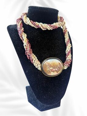 Vintage freshwater Pearl braided Necklace with Floral Cameo Pendant